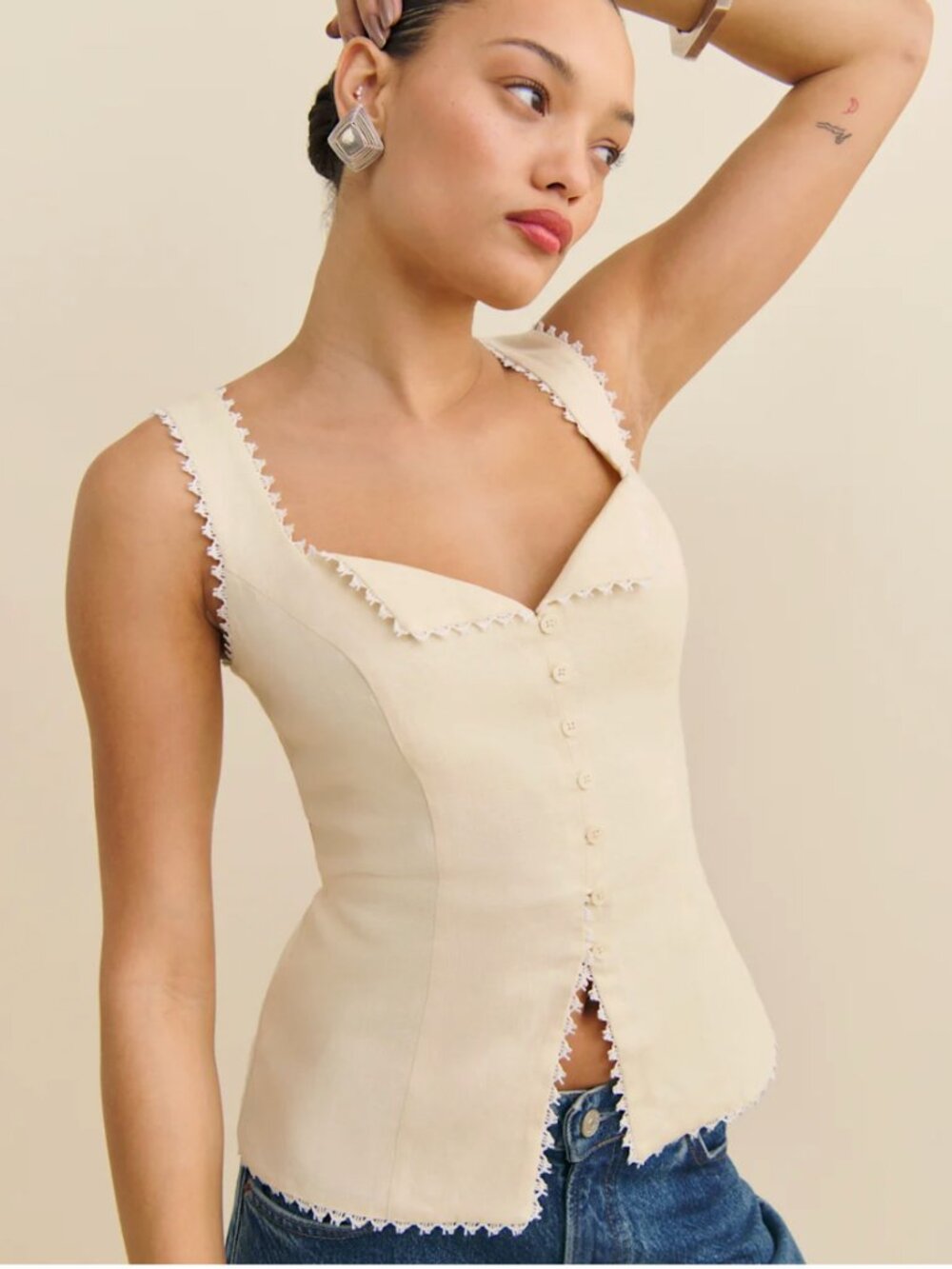 Reformation Cream Button-Front Corset Tank